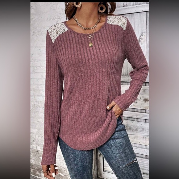 Pink/Mauve Ribbed Knit Lace Patch Shoulder Casual Sweater - Picture 2 of 9